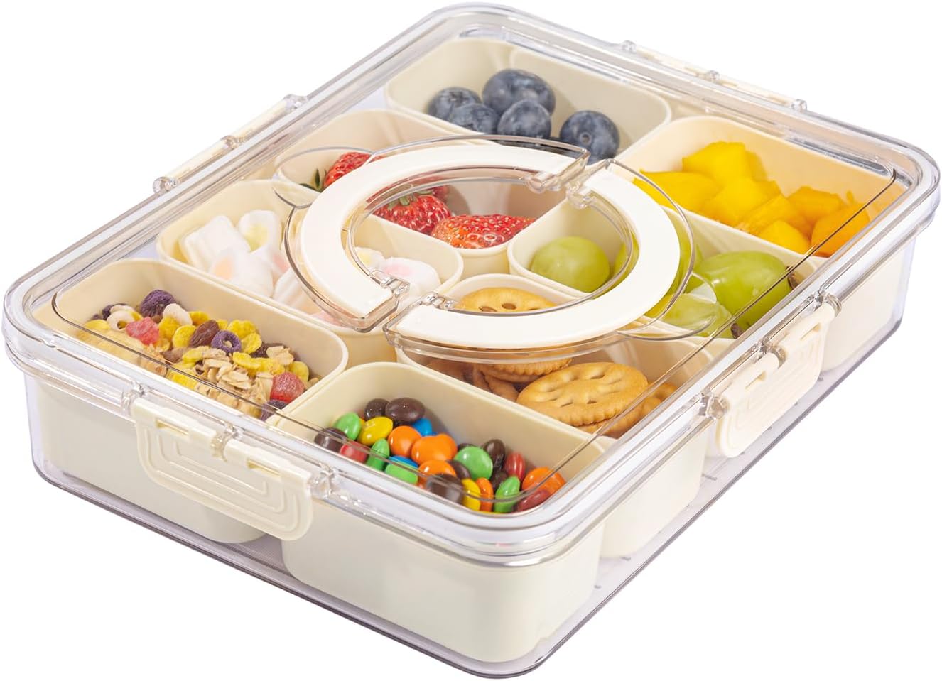 U-QE Dishwasher Safe Snackle Box Container with 8 Small Snacks Box - Premium Ivory Plastic Divided Serving Tray with Lid and Handle for Snack, Veggie, Fruits, Perfect for Party, Picnic, Entertaining