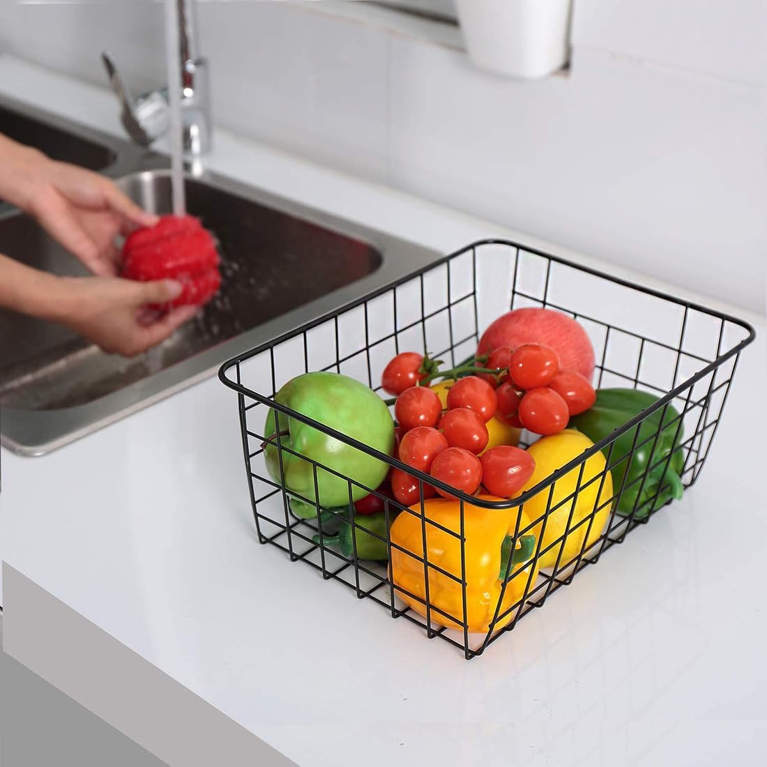 Kitchen Wire Baskets Farmhouse Decor Metal Food Storage Organizer,Household Refrigerator Bin with Built-in Handles for Cabinets, Pantry, Bathroom,2 Packs(white)