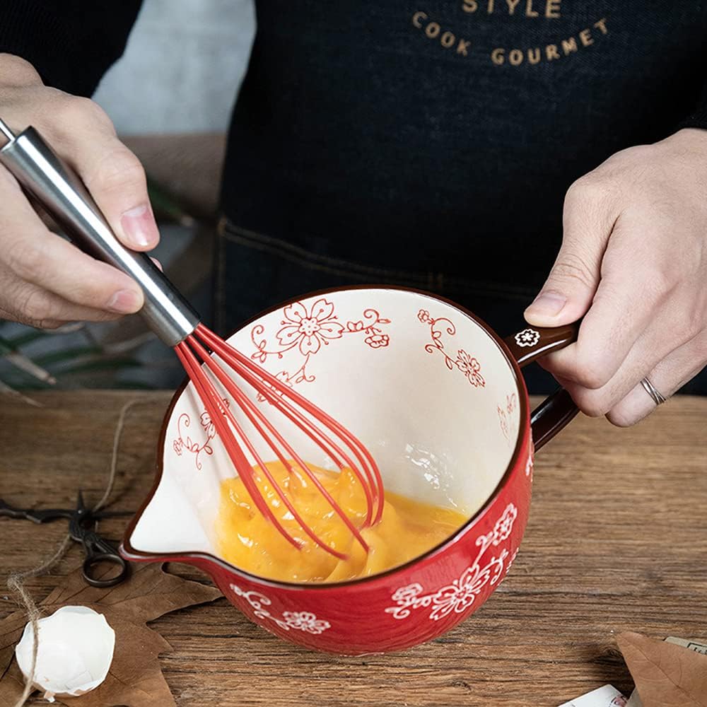 Gaolinci Cherry Blossom Pattern Kitchen Ceramic Mixing Bowl, 1 Quart Large Bowl, with Pouring Spout and Handle