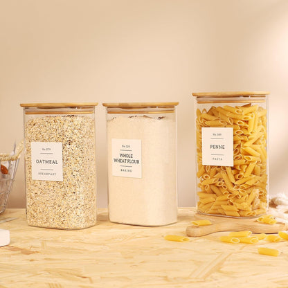 2 Pack large Square Glass Flour and Sugar Containers with 132 Kitchen Pantry Labels - 149 floz & 71 floz - Glass Jars with Airtight Bamboo Lid - Glass Rice Canisters for Coffee, Pasta, Cookie, Cereal