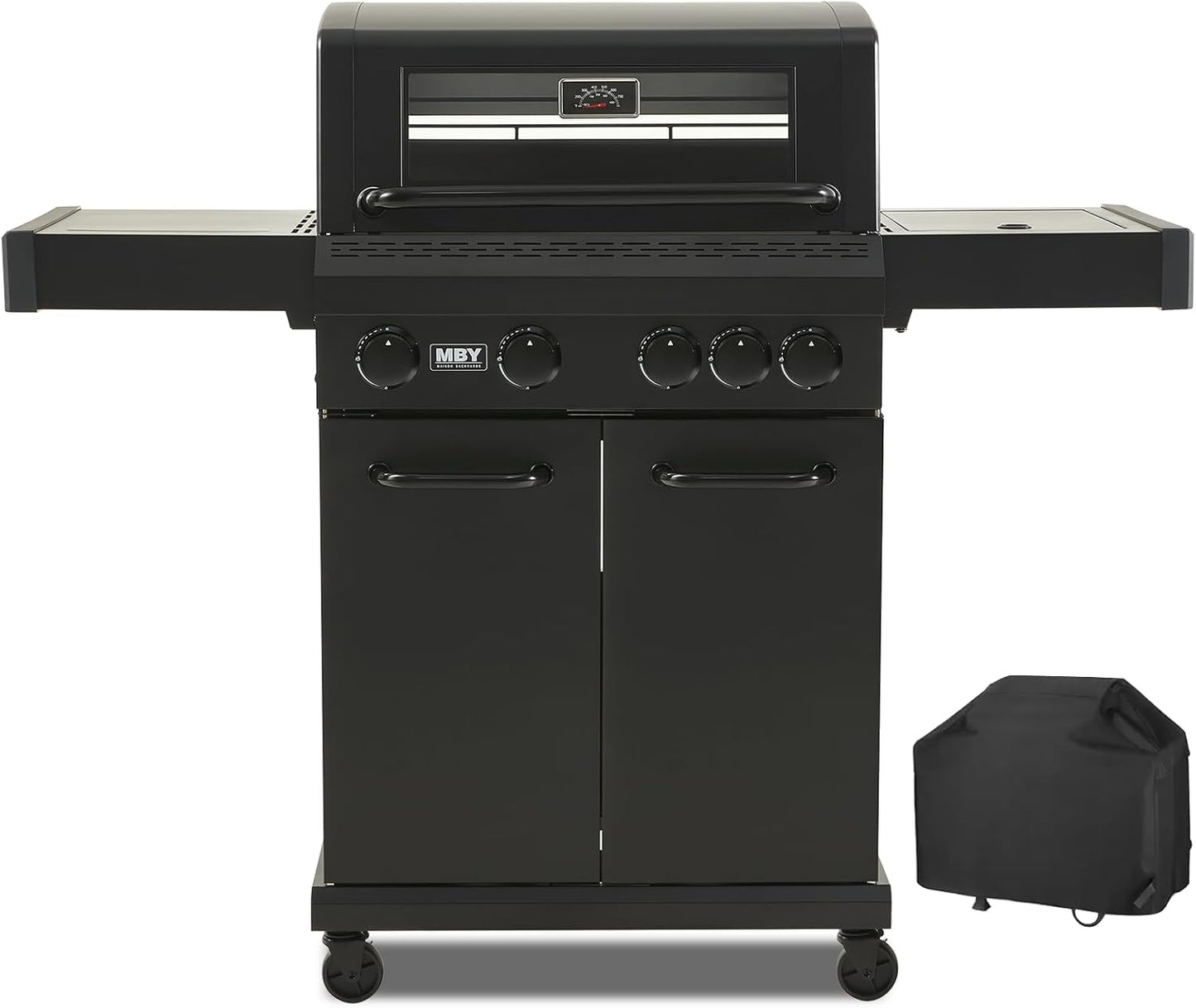 4 + 1 Burner Gas Grill Cast Iron Griddle Grill Combo, BBQ Propane Grills with Side Burner 50000BTU Heavy Duty Barbucue Grill With Cover, Black