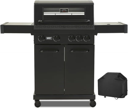 4 + 1 Burner Gas Grill Cast Iron Griddle Grill Combo, BBQ Propane Grills with Side Burner 50000BTU Heavy Duty Barbucue Grill With Cover, Black