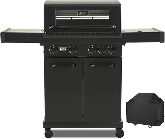 4 + 1 Burner Gas Grill Cast Iron Griddle Grill Combo, BBQ Propane Grills with Side Burner 50000BTU Heavy Duty Barbucue Grill With Cover, Black