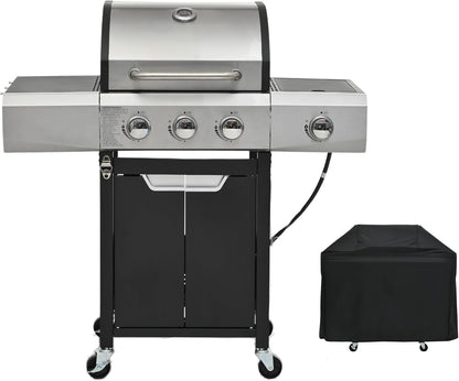 3-Burner Propane Gas Grill, 30,000 BTU Stainless Steel Outdoor BBQ Grill with Lid, Side Shelves & Wheels for Patio, Garden and Backyard Cooking