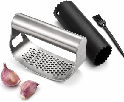 Garlic Press Rocker Set, Stainless Steel Mincer with Peeler & Brush