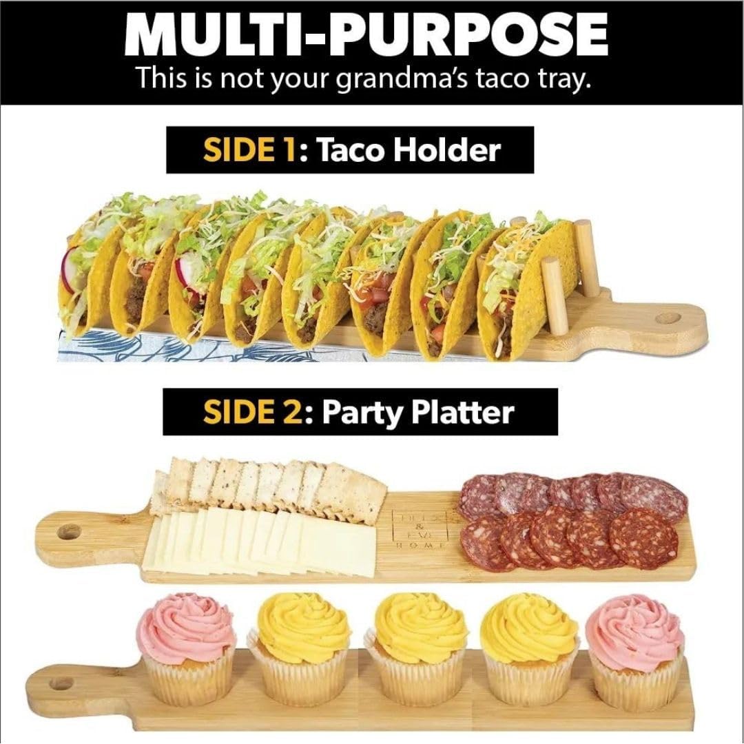 ALEX & EVE HOME Bamboo Taco Holder - 8 Taco Shells, Multi-Use Food & Charcuterie Tray - Great Housewarming Gift & Kitchen Accessory