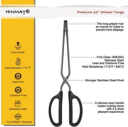 HINMAY Stainless Steel Scissor Tongs 10-Inch and 12-Inch Set, Set of 2