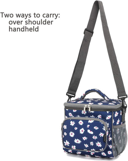 FlowFly Insulated Reusable Lunch Bag Adult Large Lunch Box for Women and Men with Adjustable Shoulder Strap,Front Zipper Pocket and Dual Large Mesh Side Pockets,Cherry - Colors B