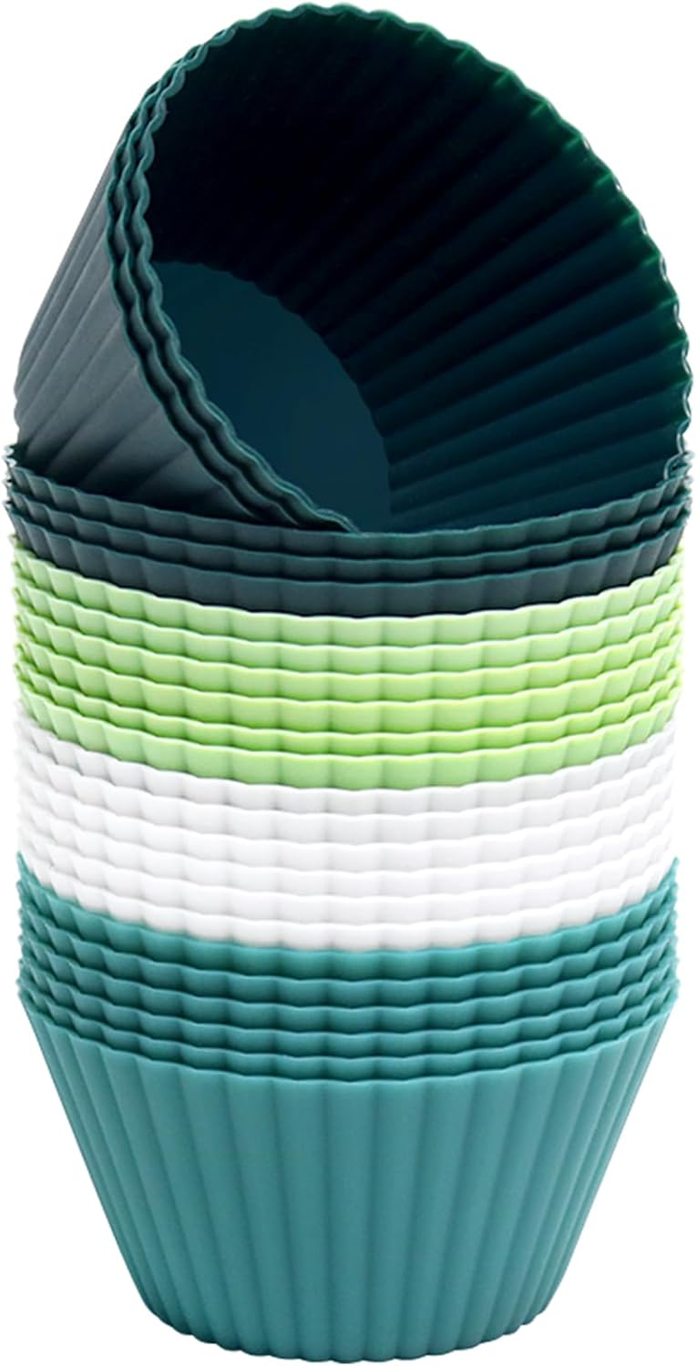 Extra Large Silicone Cupcake Muffin Cups 12 Pcs, 3.54 Inch Muffin Liners, Reusable Jumbo Silicone Baking Cups Easy to Clean, Great for Cupcake, Mousse(3 Green, White)