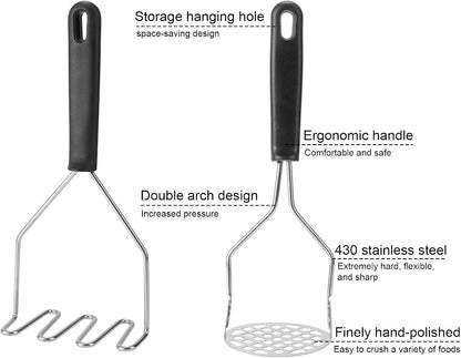 3pcs Potato Masher Tool, Stainless Steel Wavy and Round Mashed Potato Smasher with Paring Knife Masher Kitchen Tool for Avocado Vegetables Meat Beans