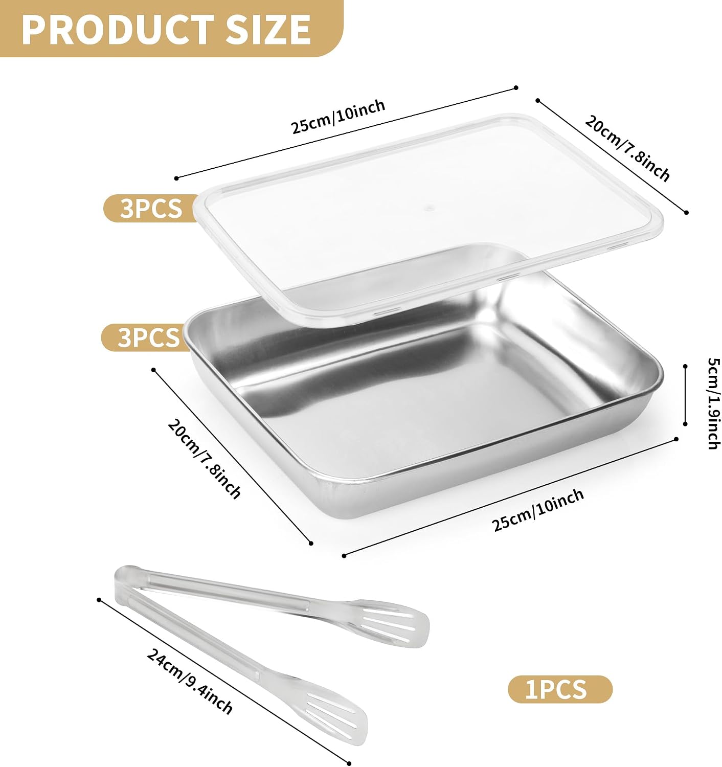 3 Set Stainless Steel Breading Trays Set with Lids,Large Breading Pans with Tong for Dredging Chicken Breasts Marinating Meat (10 x 7.8 x 1.9 inch)
