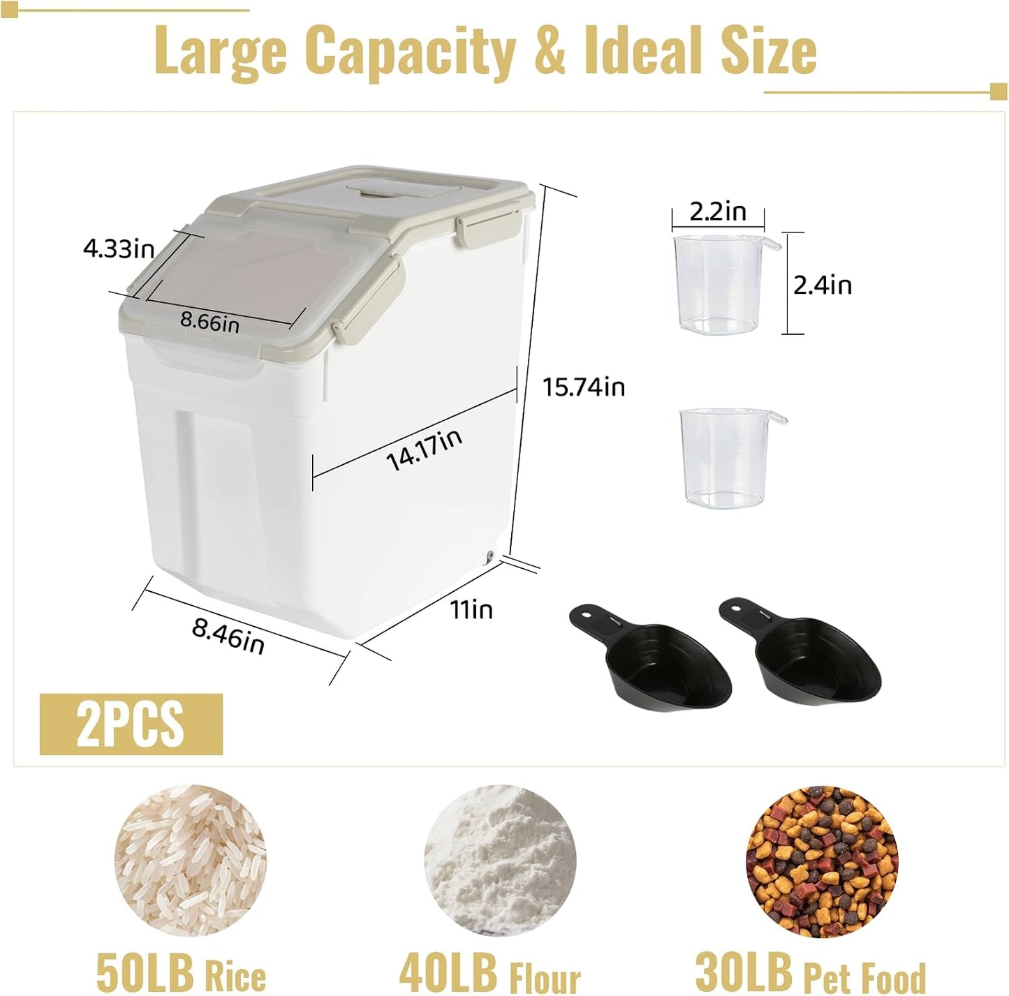 2 Pack Rice Container 50 lbs Large Bulk Flour Sugar Storage Holdhouse Plastic Grain Cereal Dry Goods Bin with Spoon and Measuring Cup for Kitchen Pantry Organization - Green