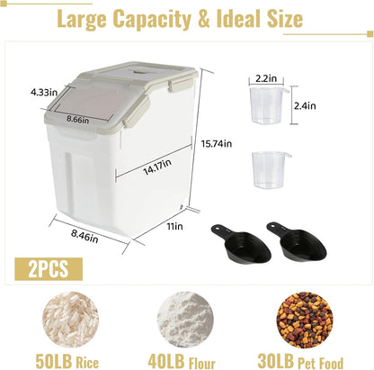 2 Pack Rice Container 50 lbs Large Bulk Flour Sugar Storage Holdhouse Plastic Grain Cereal Dry Goods Bin with Spoon and Measuring Cup for Kitchen Pantry Organization - Green