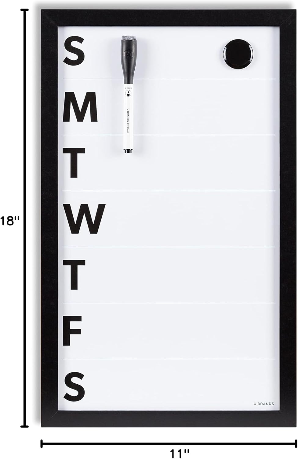 U Brands Framed Magnetic Weekly Calendar Dry Erase White Board, Office Supplies, Black Frame, with Marker, Magnet, 11” x 18”