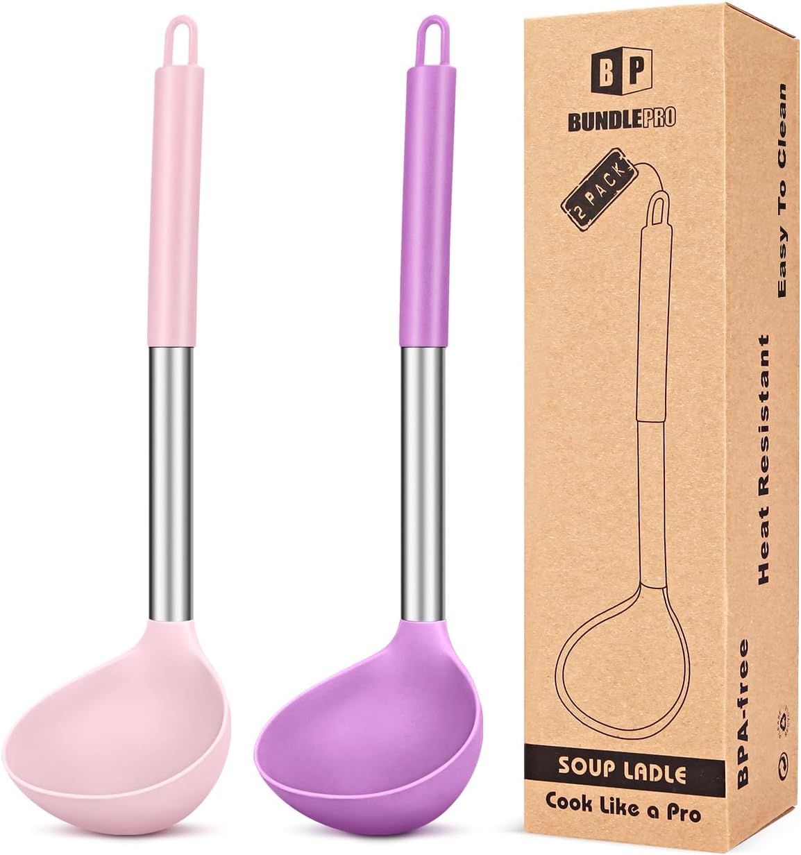 Pack of 2 Ladle Spoon,Silicone Large Spoon for Soup,Non Stick Kitchen Utensils with High Heat Resistant,BPA Free Perfect Kitchen Tools for Cooking, Stirring,Serving Soups (BLACK-WHITE)