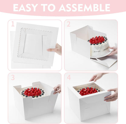 3 Pack Cake Boxes, 10x10x8 Inches Tall Cake Box with Cake Boards, White Bakery Boxes with Window, Disposable Cake Containers with Lids for Cake, Donuts, Pies, Cookies, Wedding, Birthday, Party