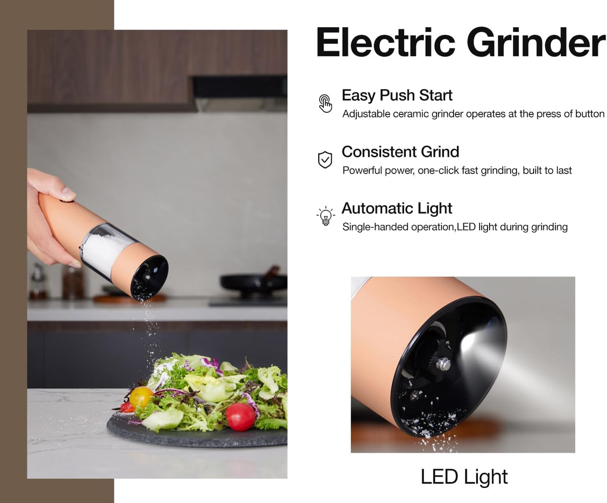 Stainless Steel Rechargeable Electric Salt and Pepper Grinder Set – USB Charging, One-Hand Electric Mill, Adjustable Coarseness, LED Light & Dust Cover –2pack(Greige & Buttercream)