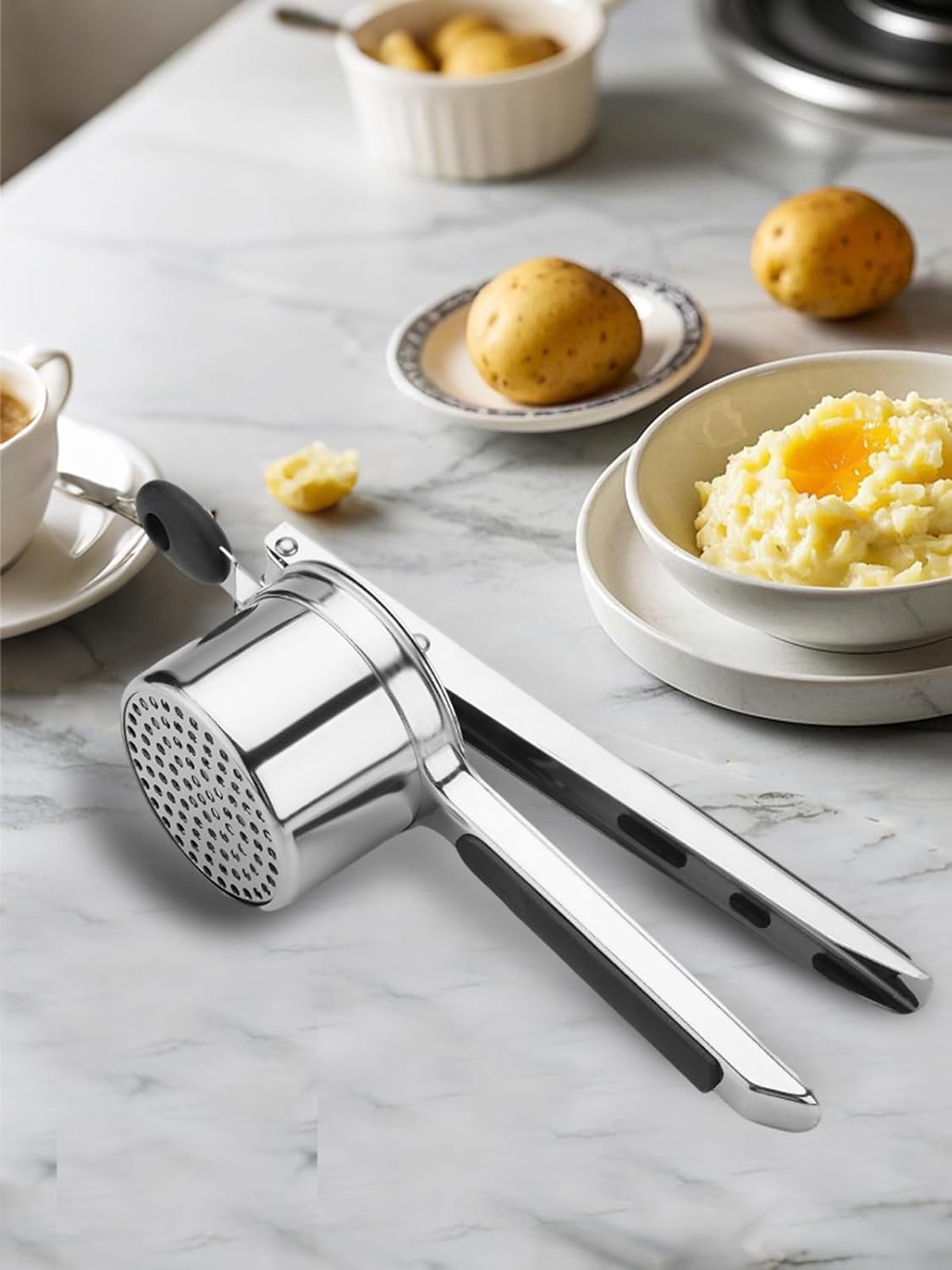Heavy Duty Potato Ricer, Large 22oz Potato Masher, Stainless Steel Press and Mash Kitchen Gadget for Mashed Potatoes, Spaetzle Maker with Silicone Handle