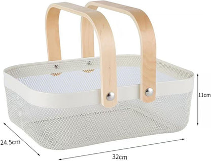 AJIODA Metal Mesh Steel Basket, Storage Organizer Basket Garden Harvest Basket Multi-functional Kitchen Fruit Baskets Bin with Wooden Handle for Bathroom Picnic Shopping Decor Cabinet Home, Pink