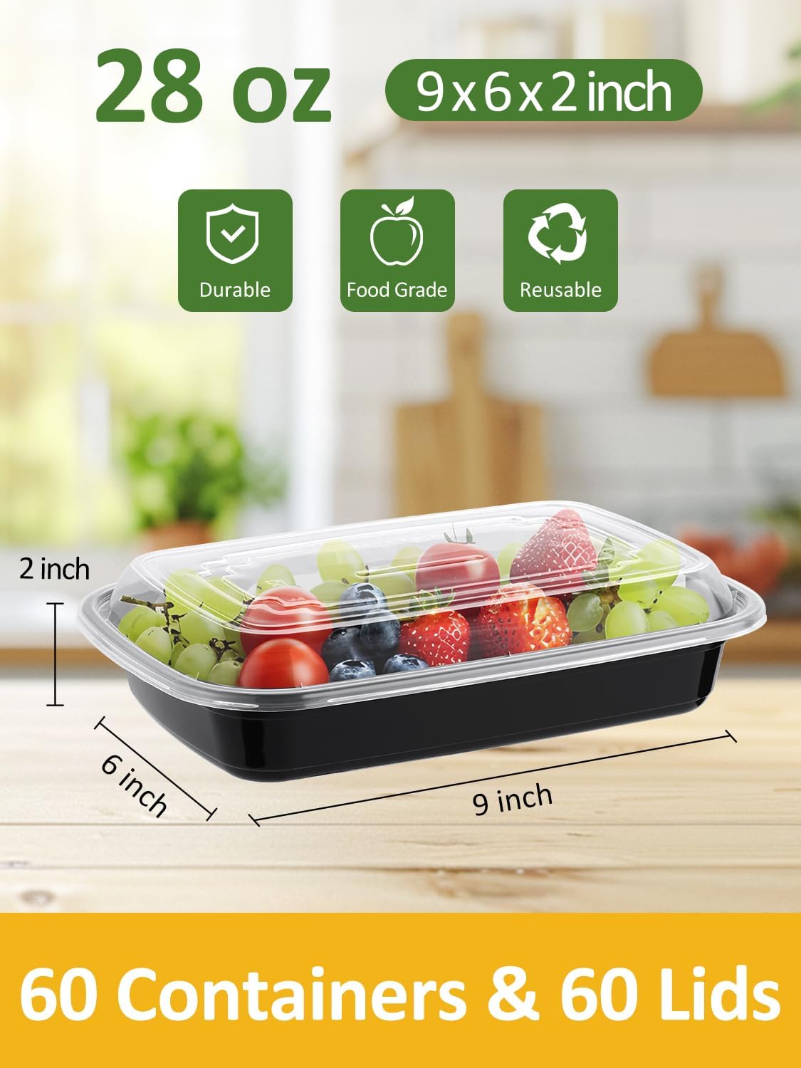 NEEBAKE 60 Sets 32oz Meal Prep Containers 2 Compartment - Plastic Food Storage Containers 2 Compartments with Lids