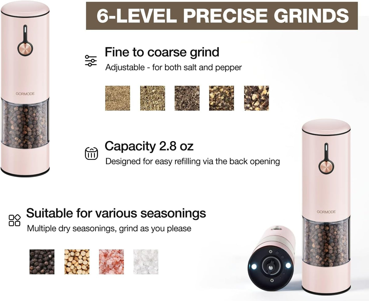 Stainless Steel Rechargeable Electric Salt and Pepper Grinder Set – USB Charging, One-Hand Electric Mill, Adjustable Coarseness, LED Light & Dust Cover –2pack(Greige & Buttercream)