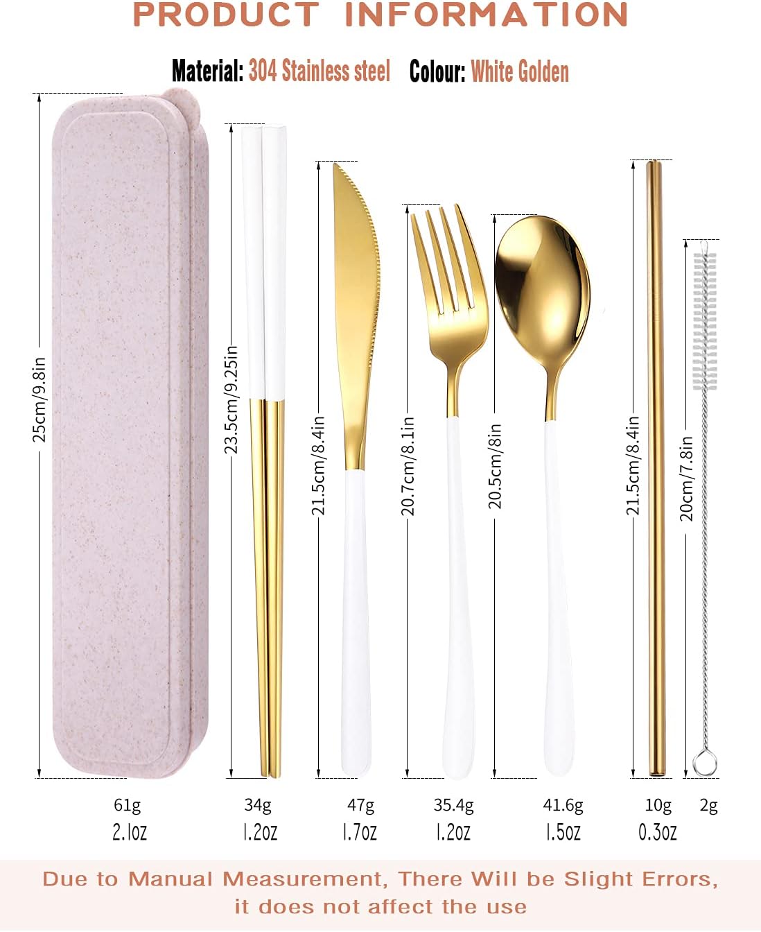 AARAINBOW 6 Pieces 18/8 Stainless Steel Flatware Set Portable Reusable Cutlery Set Travel Utensils Set Including Chopsticks Knife Fork Spoon Straws Cleaning Brush Dishwasher Safe (Green golden)