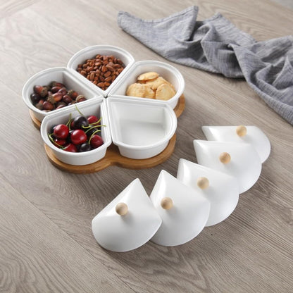 ele ELEOPTION 360° Rotatable Chip and Dip Serving Set, Trays, Appetizer Serving Tray, Divided Serving Tray, Platters, Relish Tray 5 bowls with lids