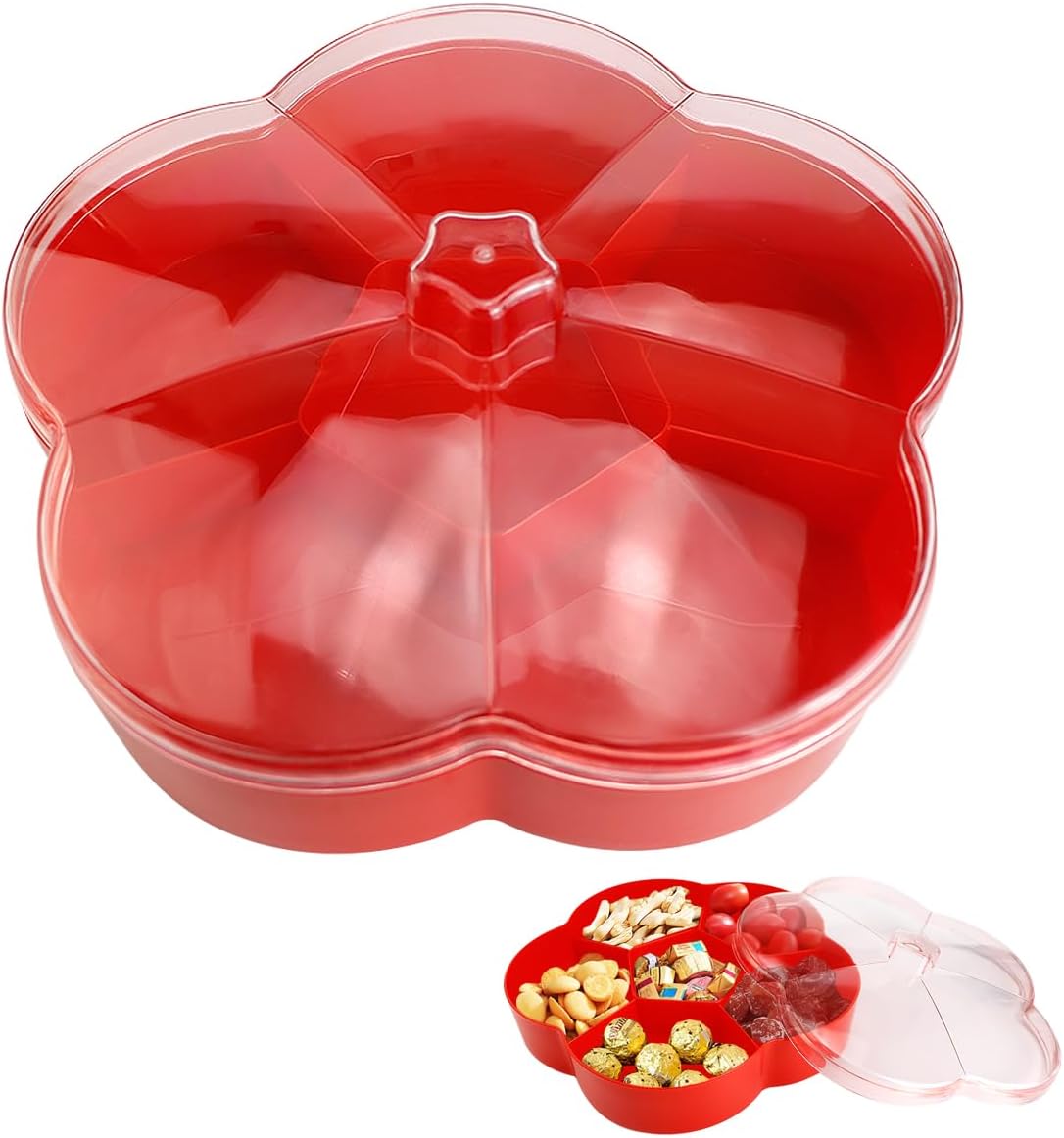 DOERDO Plastic Serving Trays with Lid 6 Compartment Food Storage Candy Organizer, Veggie Tray for Snack and Fruit, Red, 9.8x2.6Inch