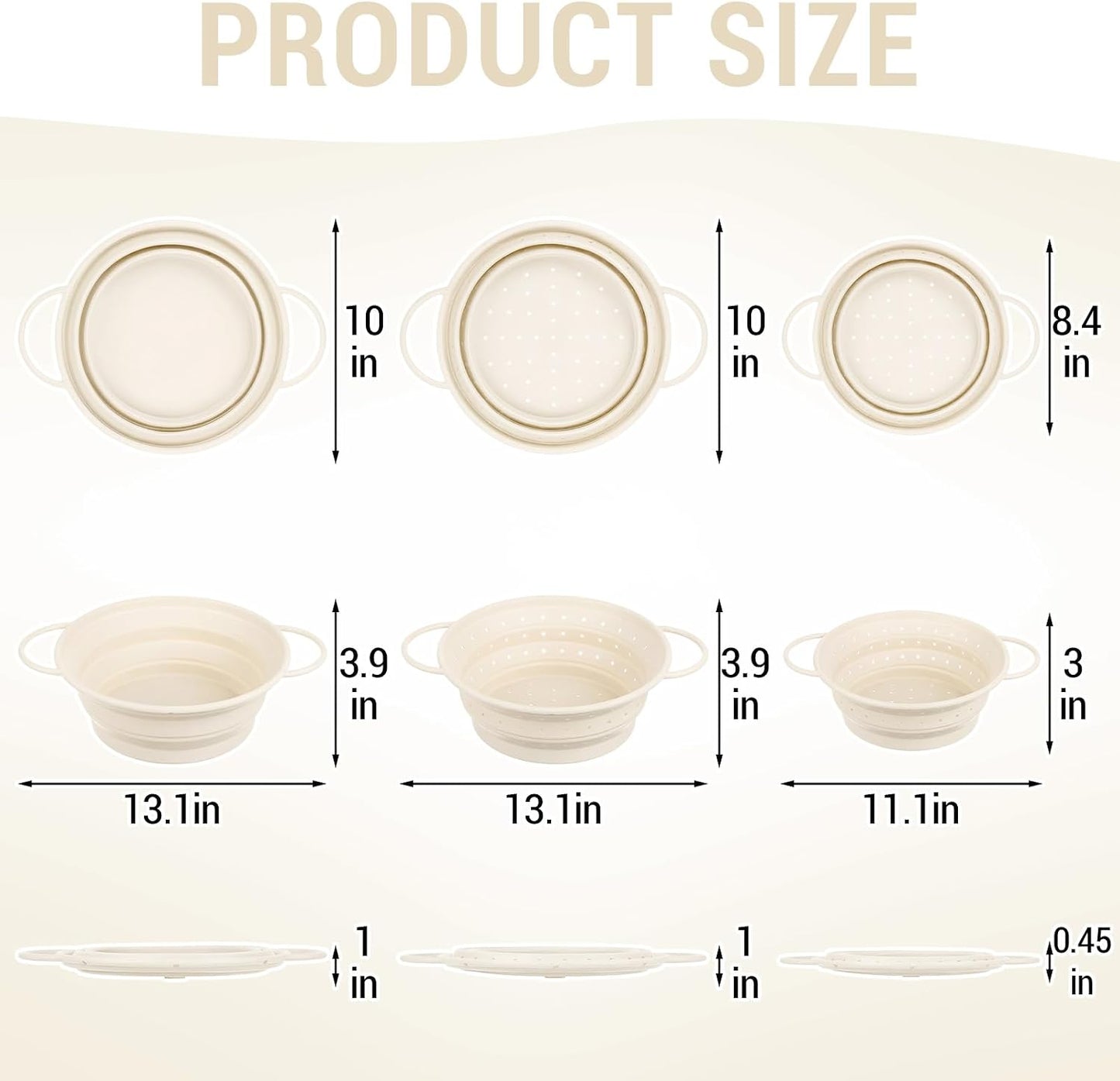3 Pack Collapsible Colander with Strainer Bowl Set, 11 & 13 In BPA-Free Silicone Colanders for Kitchen, Heat-Resistant Strainer Dishwasher Safe Baskets for Vegetable Fruits(White)