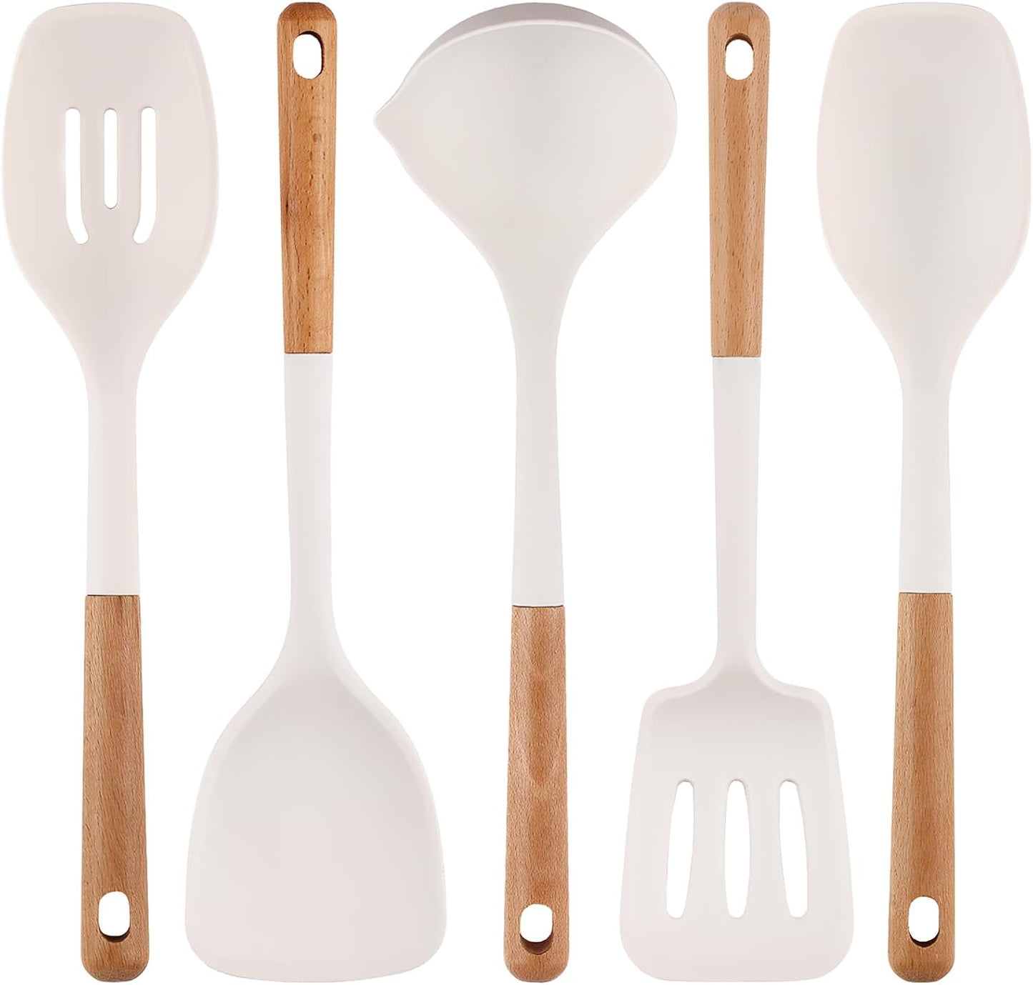 Kitchen Cooking Utensils Set, 6Pcs Silicone Kitchen Utensils Set Spatula Spoon Soup Ladle Turner, Heat Resistant Wooden Handle Silicone Cooking Gadgets for Nonstick Cookware & Baking BPA FREE