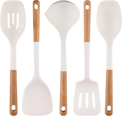 Kitchen Cooking Utensils Set, 6Pcs Silicone Kitchen Utensils Set Spatula Spoon Soup Ladle Turner, Heat Resistant Wooden Handle Silicone Cooking Gadgets for Nonstick Cookware & Baking BPA FREE