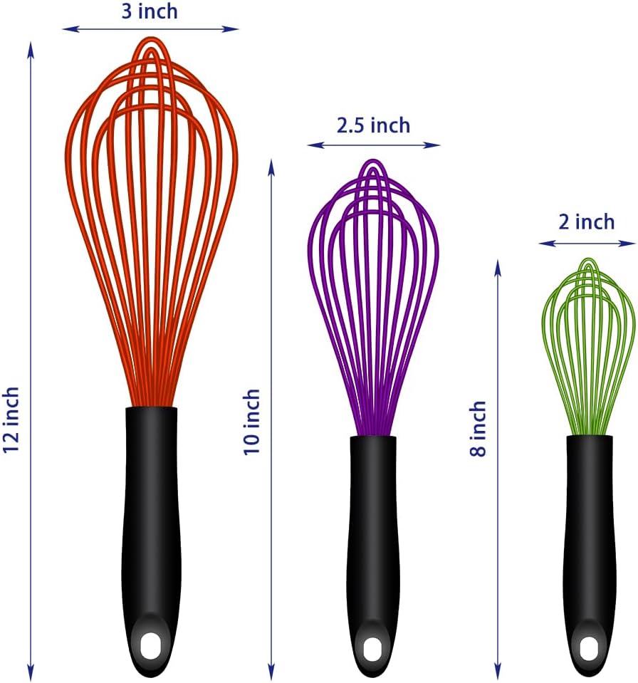 OYV Dishwasher Safe Silicone Whisk, Sealed Waterproof Design Set of 3, Professional Kitchen Whisks for Cooking Non-Scratch, Silicone & Stainless Steel Whisk, Heat Resistant Balloon Egg Beater, Black