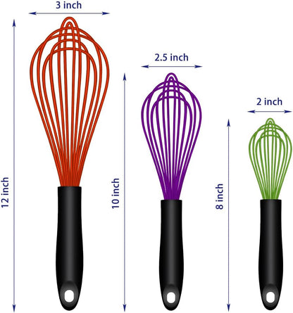 OYV Dishwasher Safe Silicone Whisk, Sealed Waterproof Design Set of 3, Professional Kitchen Whisks for Cooking Non-Scratch, Silicone & Stainless Steel Whisk, Heat Resistant Balloon Egg Beater, Black