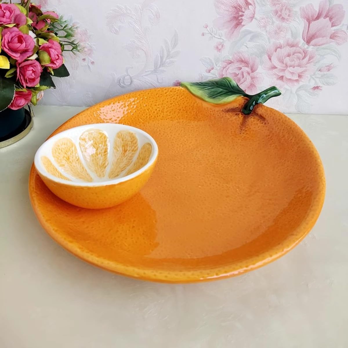 Ceramic Yellow Orange Chip and Dip Serving Trays, Appetizers and Cheeses Serving Platter, Ideal for Snacks, Veggies, Fruit -10 inches