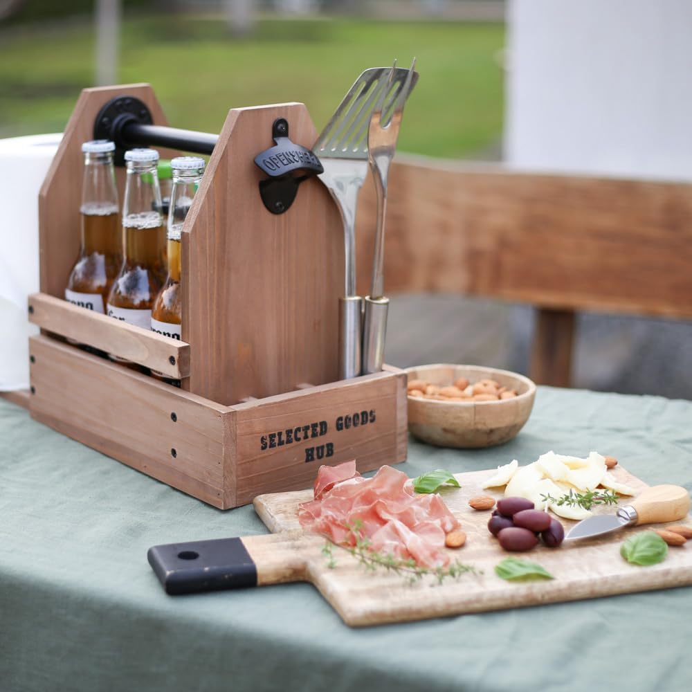 Wooden Grill Caddy Organizer - Versatile BBQ Caddy for Outdoor grill - Portable rustic wood condiment and paper towel holder with bottle opener for picnic and grilling