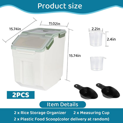 Rice Storage Container 25 lbs, Grey, 2 Pack | Airtight, with Wheels, Locking Lid, Measuring Cup Included, for Flour Sugar Grain Cereal