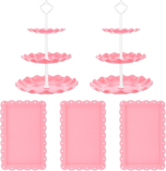5 Pcs Dessert Stand Set, 2X Small 3 Tiers White Plastic Cupcake Stand Holder & 3X Rectangle Party Serving Trays/Platters for Wedding Birthday Baby Shower Tea Party Buffet (Pink)