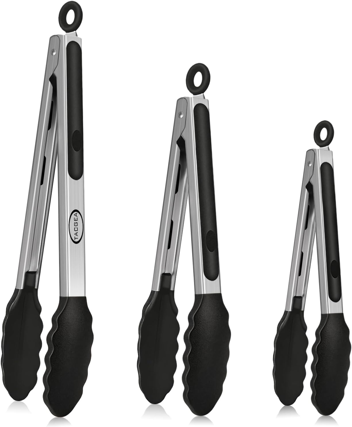 TACGEA Stainless Steel Kitchen Tongs with Silicone Tips, Locking Grilling Food Tongs, 7" 9" and 12", Set of 3 Black