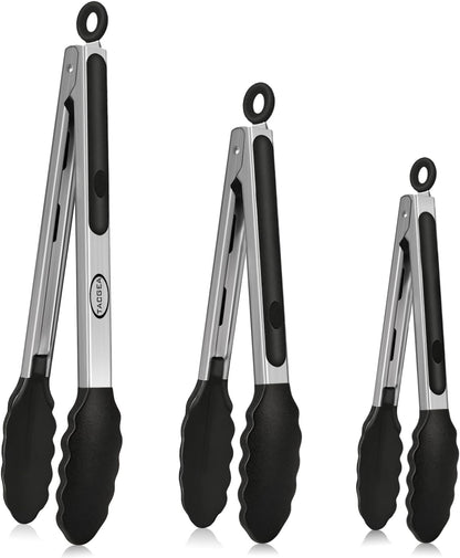 TACGEA Stainless Steel Kitchen Tongs with Silicone Tips, Locking Grilling Food Tongs, 7" 9" and 12", Set of 3 Black