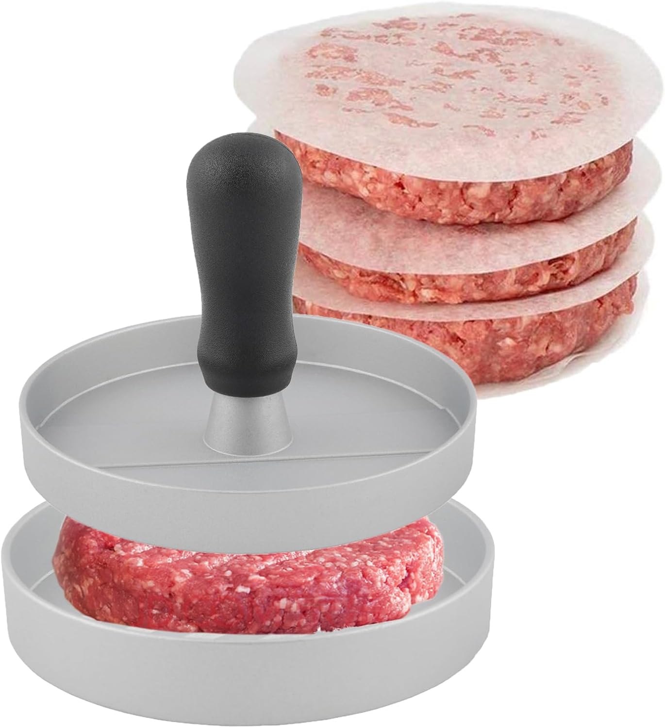 Aluminum Burger Press Patty Maker with 200 Non-Stick Papers - Commercial & Home Use, Hamburger Meat Press Tool, Dishwasher Safe (Black)