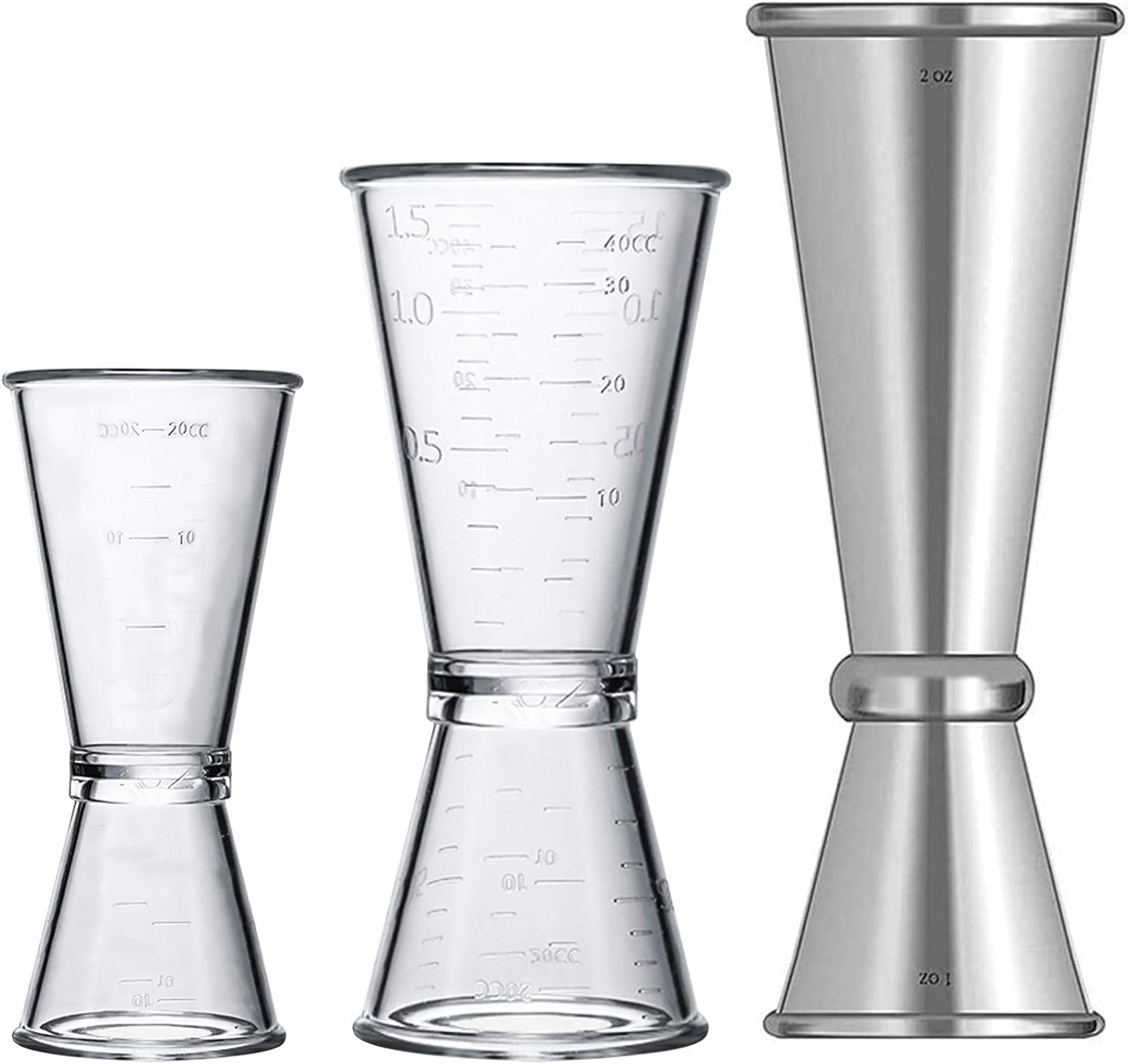 Double Clear Plastic and Stainless Steel Japanese Style Jigger Cocktail Measuring Shot Glasses Drink Spirit Measure Cup for Bar Party Kitchen Tool Set of 3
