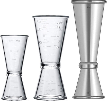 Double Clear Plastic and Stainless Steel Japanese Style Jigger Cocktail Measuring Shot Glasses Drink Spirit Measure Cup for Bar Party Kitchen Tool Set of 3