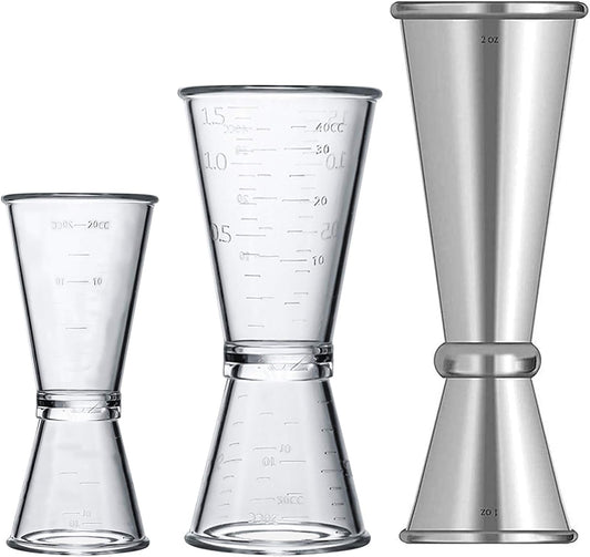Double Clear Plastic and Stainless Steel Japanese Style Jigger Cocktail Measuring Shot Glasses Drink Spirit Measure Cup for Bar Party Kitchen Tool Set of 3