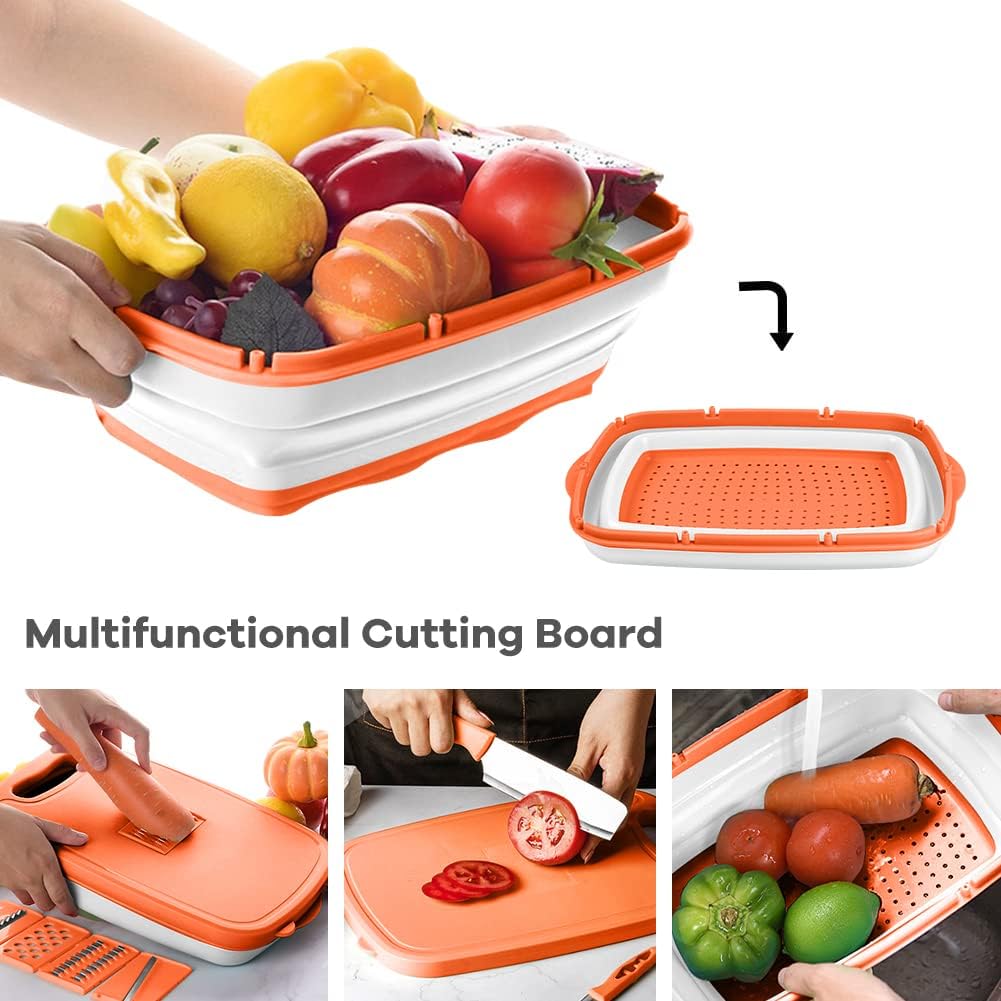 Gintan Collapsible Camping Cutting Board, 9-in-1 Chopping Board with Colander, Kitchen Vegetable Washing Basket for Camping, Camping Gifts Camping Accessories for RV Campers (Blue+Grey)