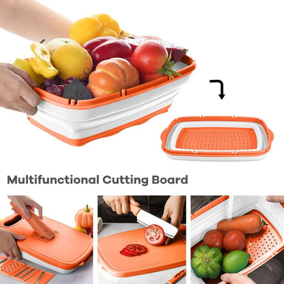 Gintan Collapsible Camping Cutting Board, 9-in-1 Chopping Board with Colander, Kitchen Vegetable Washing Basket for Camping, Camping Gifts Camping Accessories for RV Campers (Blue+Grey)