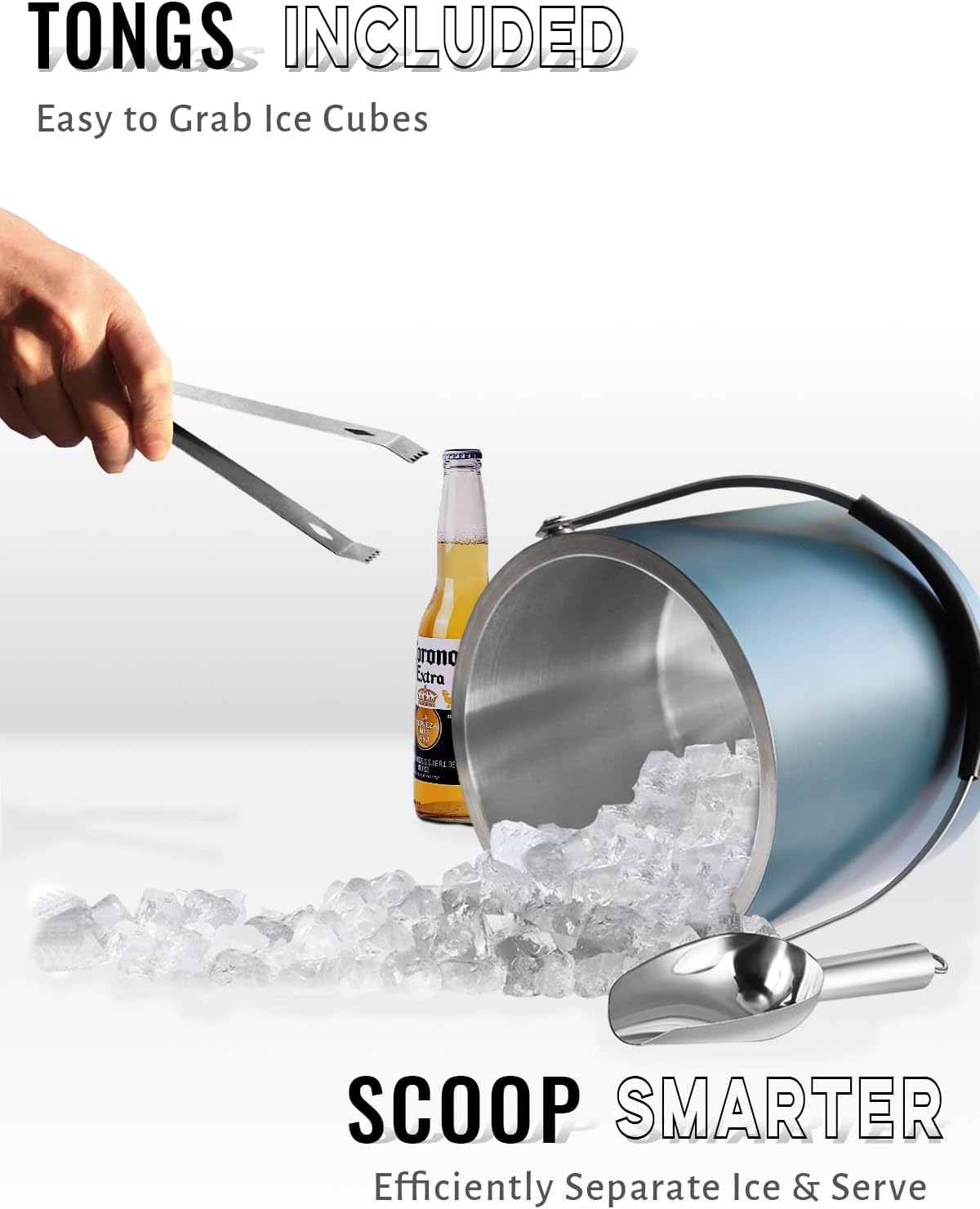 Bakpoco Insulated Ice Bucket with Silicone Lid, Scoop, Tongs & Strainer, 3L Stainless Steel Double Wall Ice Buckets for Parties & Cocktail Bar, Champagne Ice Bucket with Lid for Freezer, Ivory
