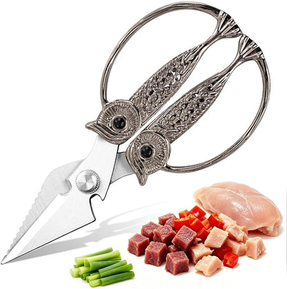 XSNBRD All Purpose Kitchen Scissors, Pearl Gold Stainless Owl Shears.