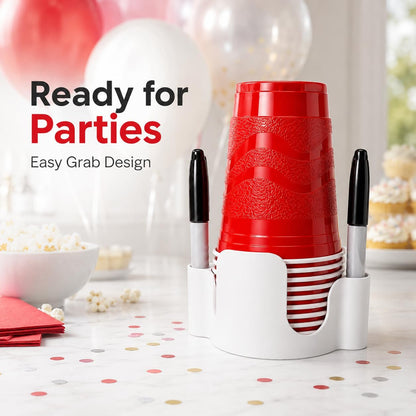Party Cup Dispenser with Marker Holder – Stackable Plastic Cup Organizer for Parties, Events, BBQs, Picnics, Graduations & Drink Stations, Cup and Marker Caddy, Black (Red)