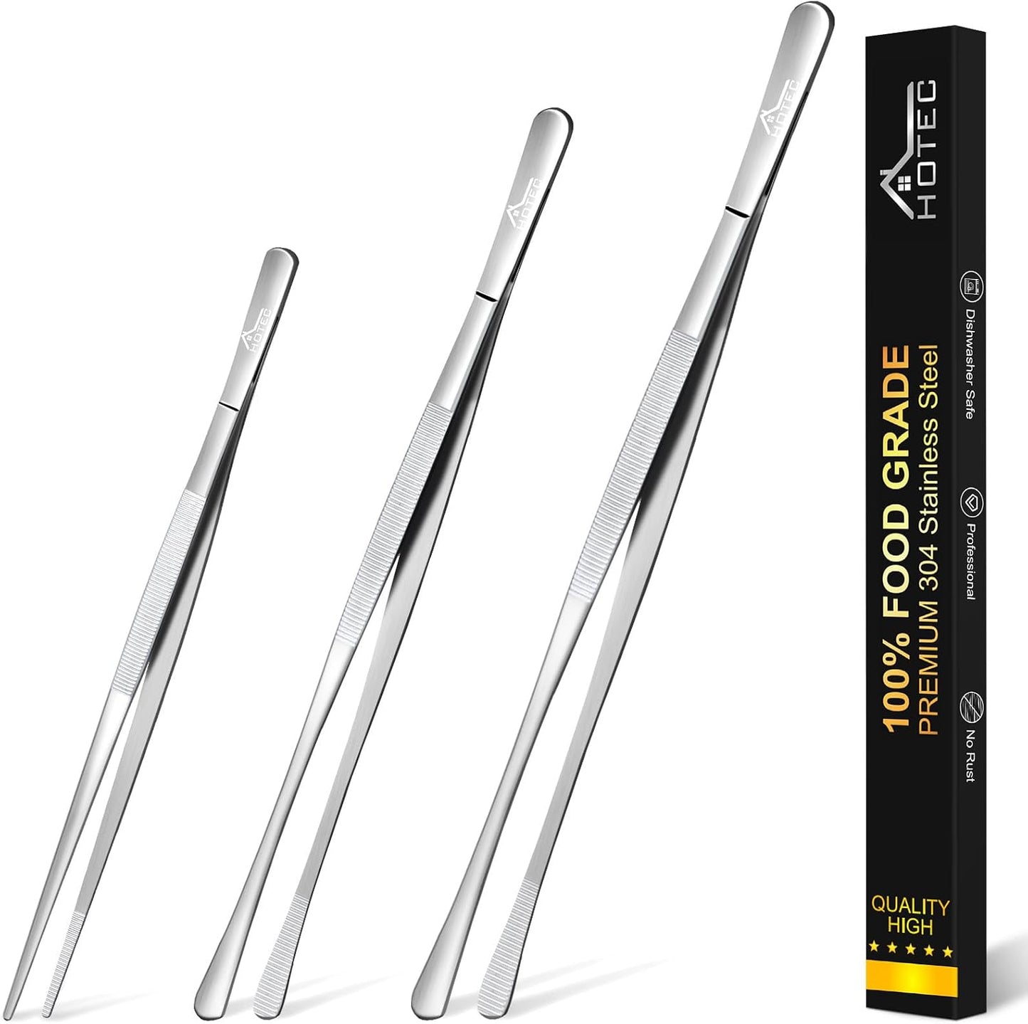 HOTEC Kitchen Tweezers Tongs Stainless Steel Professional Chef Tweezers, Set of 3-6.3", 10" and 12inch Food Tongs for Cooking, Repairing, Dessert, BBQ, Meat, Pasta