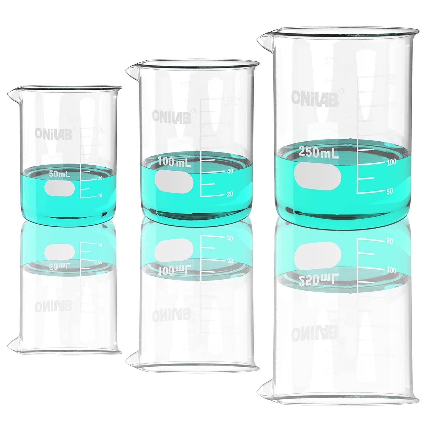 ONiLAB Glass Measuring Beaker Set 50ml 100ml 250ml (Pack of 3) 3.3 Boro Griffin Low Form with Printed Graduation Scientific Glassware for Laboratories, Classrooms or Home Use 13900244